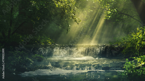 A tranquil forest stream with glistening rays of sunlight piercing through the foliage  highlighting the water s flow