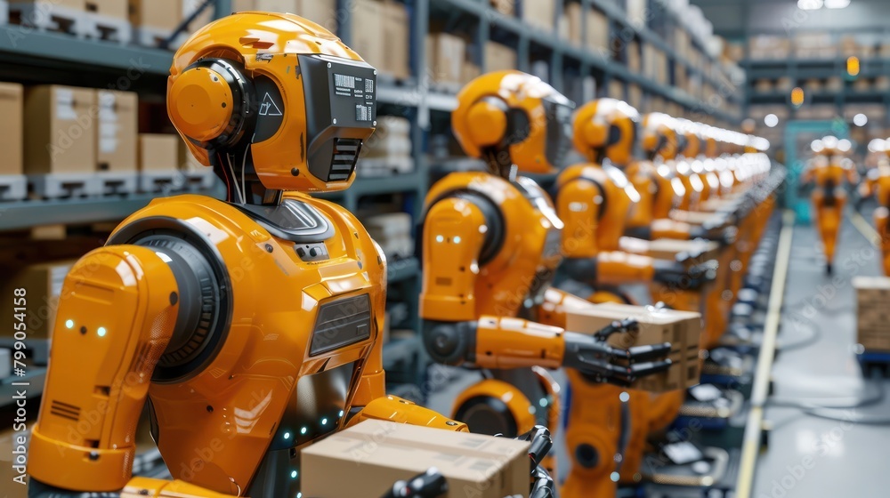 Row of Orange Robots in Warehouse Row of Orange Robots in Warehouse