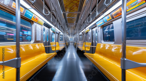 Empty Yellow Subway Train Interior in Motion Blur