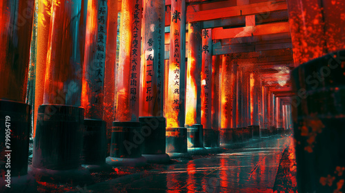 The image captures the stunning visual of vibrant red torii gates lined up at Fushimi Inari Shrine in Kyoto, illuminated for a mystical effect