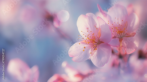 An exquisite close-up view of gentle cherry blossoms in full bloom with a dreamy, soft-focused background