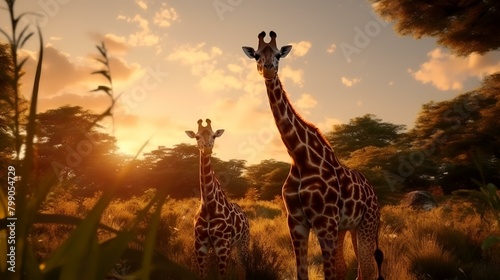 Two giraffes in the savannah at sunset in Africa. © Sumera