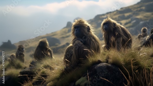 Group of Hamadryas Baboons in Simien Mountains, Ethiopia photo