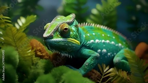 Green chameleon in the terrarium. Close-up.