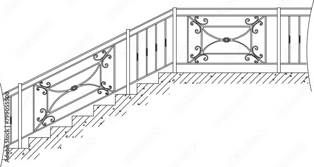 Detailed vector sketch illustration of vintage classic old stair handrail