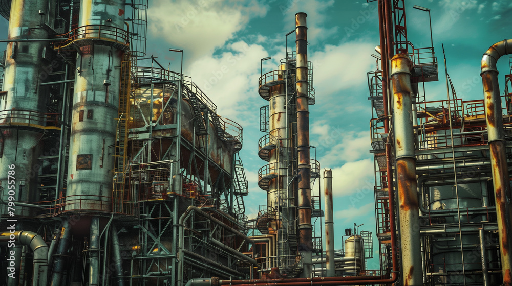 A large industrial plant with many tall structures and a cloudy sky in the background. The sky is not very clear and the plants are old and rusty