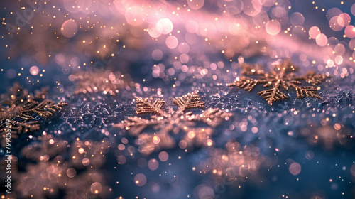 Pale pink starlight illuminating intricate patterns of shimmering gold snowflakes against a backdrop of deep indigo stars on a transparent surface.