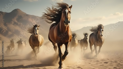 Arabian horses running in the desert. 3d render illustration.