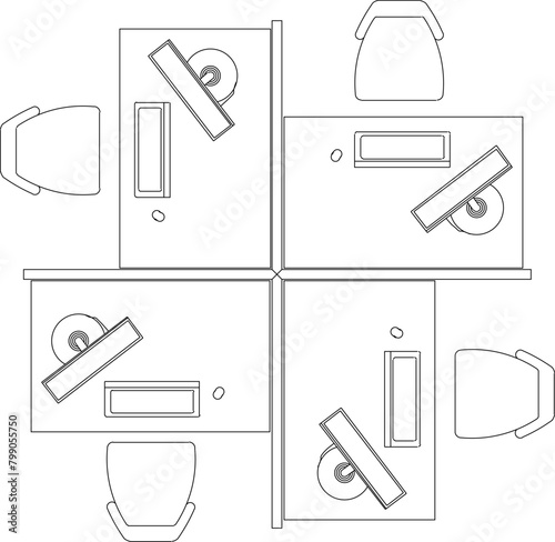 Detailed vector sketch illustration of workspace desk arrangement for employees in the office