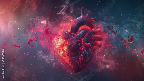 Anatomic illustration of the human heart with smoke and particles photo