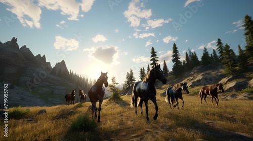 Horses in the mountains at sunset. 3d render illustration.