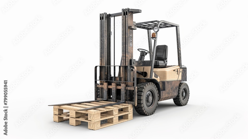 Rusty forklift truck with cardboard boxes on a pallet in a neutral setting showcasing warehouse equipment