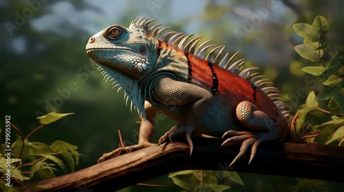 Chameleon sitting on a branch in the forest. 3d rendering