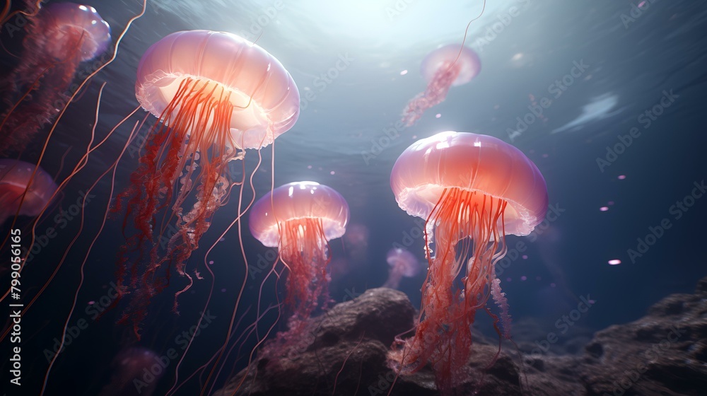 Fototapeta premium Jellyfish swimming in the ocean. 3D rendering. Underwater world.