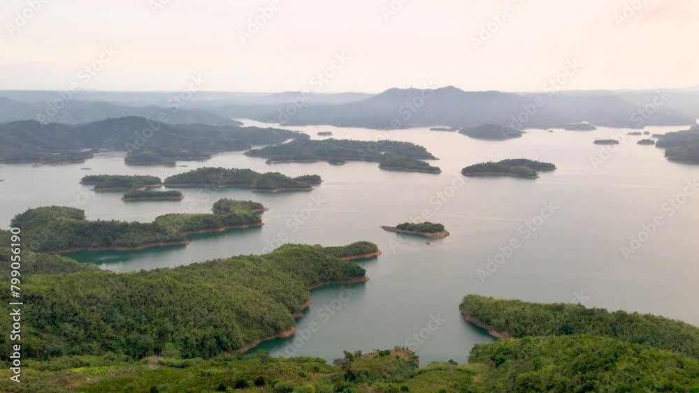 panorama of the Tà Đùng National Park in Vietnam Asia, a lake with a river and an archipelago of a lot of beautiful small islands at sunset