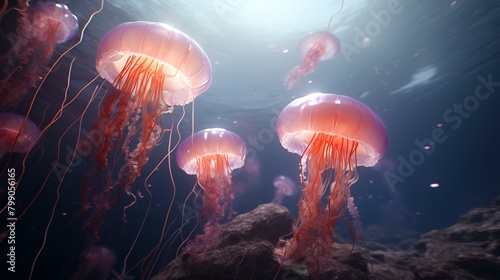 Jellyfish swimming in the ocean. 3D rendering. Underwater world.