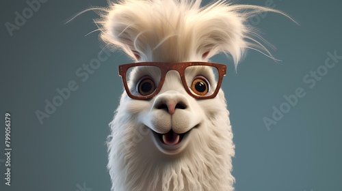 Funny white llama with eyeglasses. 3d rendering