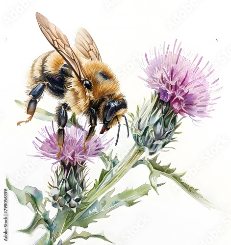 watercolor bee on the thistle flower, white background, clipart