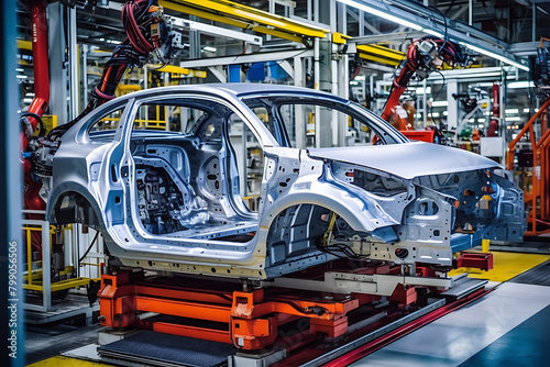 arms assemble a car chassis on an automated production line in a high-tech automotive factory. Generative AI