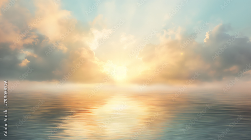 A dreamy ocean sunrise brimming with golden hues casting a soft glow over the ethereal seascape and mist