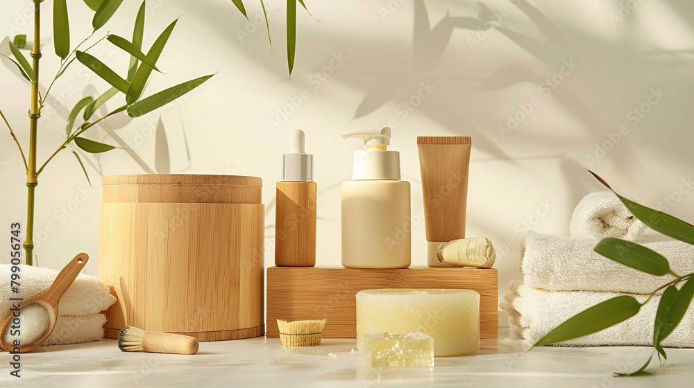 Natural beauty products on a white marble table with bamboo plants in the background.