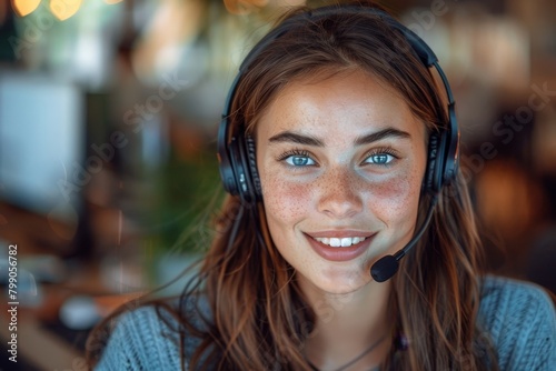 Portrait of smiling young female call center operator in headphones working in customer support service, Generative AI