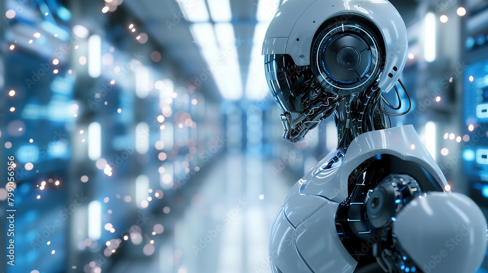 A robot is bent over and has a skull on its head. The robot is in a factory setting A robot is bent over and has a skull on its head. The robot is in a factory setting