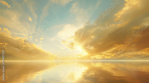 A mesmerizing view as the sunrise bathes the ocean in a golden glow  with dramatic skies reflecting off the calm waters
