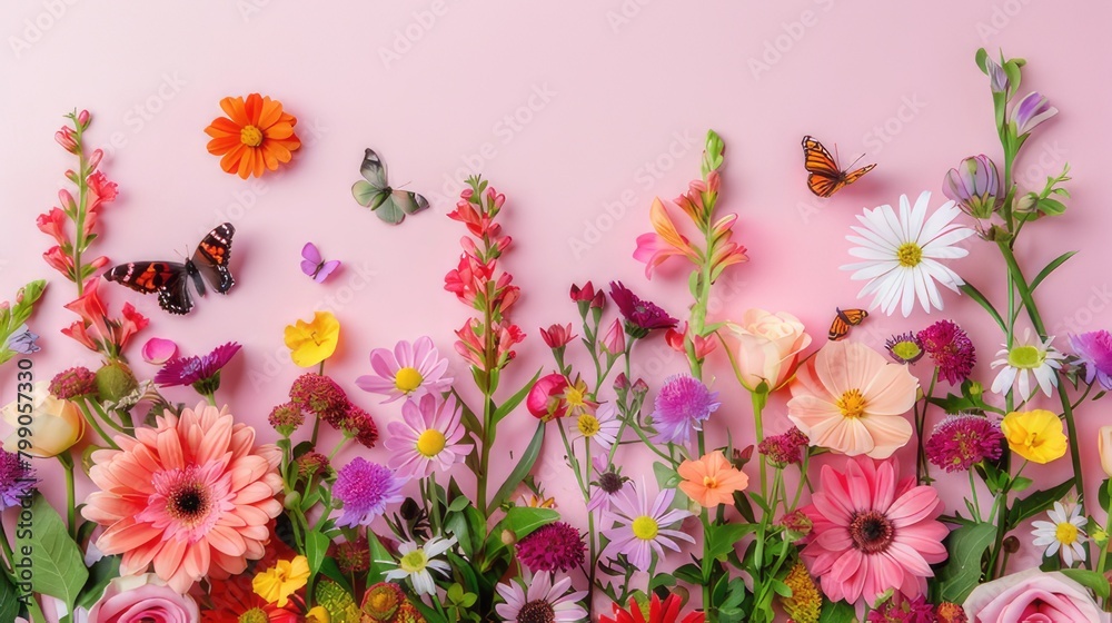 Cheerful Floral Display Beautiful Spring and Summer Flowers with Butterflies on Pink Background for Spring Easter or Summer Holiday