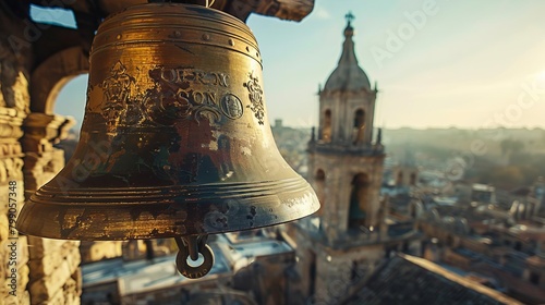 Closeup of a large bell ringing loudly in a historical tower, resonating sound waves visible against a clear sky photo