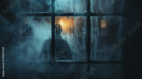 A shadowy figure peering through a fogged window at night, creating a suspenseful and frightening home alone scenario photo