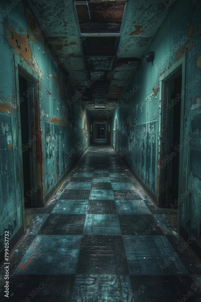 An abandoned asylum hallway with flickering lights, where shadows seem to move just beyond the edge of vision, intensifying a sense of dread