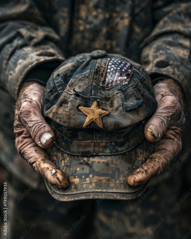 Fototapeta premium Closeup of a veterans hands holding an old and worn service cap, symbolizing years of service and sacrifice