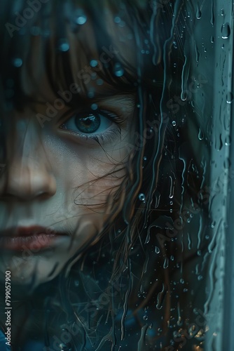 Closeup of a childs sad face looking out of a rainstreaked window, capturing the emotion of feeling left out or mistreated photo