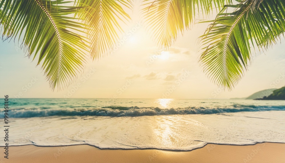 Beachfront Beauty: Blurred Palm Leaf on Tropical Shoreline