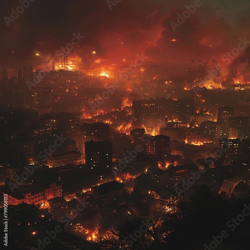 Nighttime panorama of a city with sections ablaze, showing contrast between affected and unaffected areas, highlighting disaster scale