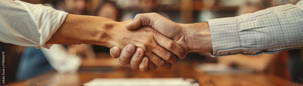 Two business partners shaking hands over a conference table, with signed contracts and a smiling team in the background, symbolizing mutual trust Two business partners shaking hands over a conference table, with signed contracts and a smiling team in the background, symbolizing mutual trust