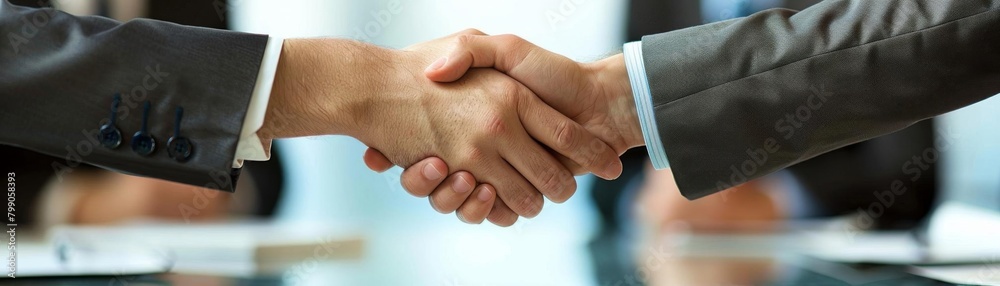 Two business partners shaking hands over a conference table, with signed contracts and a smiling team in the background, symbolizing mutual trust Two business partners shaking hands over a conference table, with signed contracts and a smiling team in the background, symbolizing mutual trust