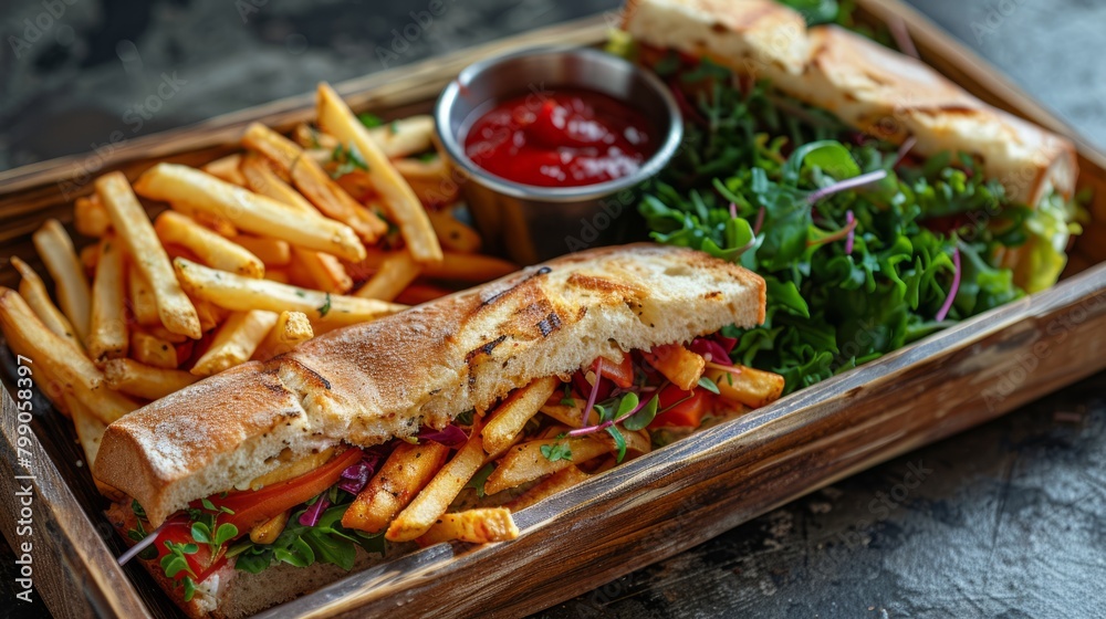 Sandwich and French fries and Salad greens. on a wooden tray. Sandwich and French fries and Salad greens. on a wooden tray.