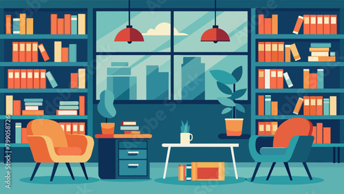 A room filled with bookshelves and comfortable chairs for employees to take a quiet reading break during their hectic workday. Vector illustration