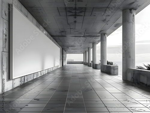 Inside a building. Billboard mockup image, large clean white surface, empty large advertising space, Bigboard