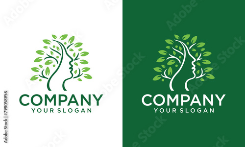 Creative human head with leaf tree logo design template. tree brain logo concept. human mind, growth , innovation, thinking, symbol stock illustration. photo