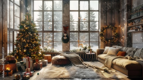 Magical Christmas Atmosphere Festive Home Interior with Christmas Tree  Gift Boxes  and Cozy Living Room with High Windows 