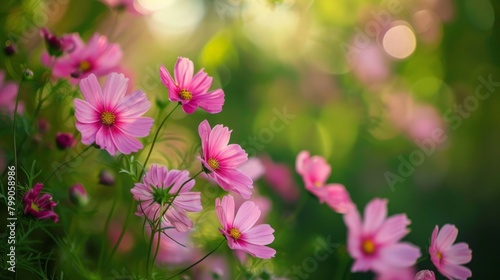 Pink flowers in a field with a blurred backdrop