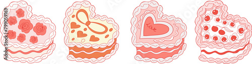 Cute heart shaped cake set with cherry. Cakes collection coquette. A sweet dessert in the style of y2k. Vector illustration
