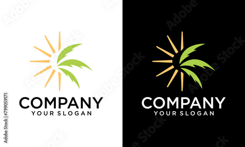 Creative sunset and palm tree logo design icon symbol vector illustration.