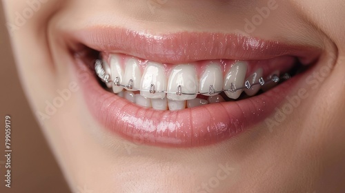 Radiant Confidence Close-Up of Beautiful Female Smile with Straight White Teeth and Braces 