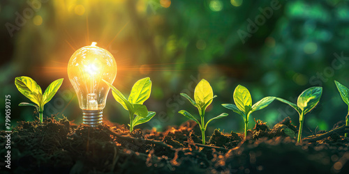 Seedlings emerging around a glowing light bulb in soil, depicting innovation in sustainability and green energy. Environmental growth, eco-friendly concept with focus on renewable energy and nature.