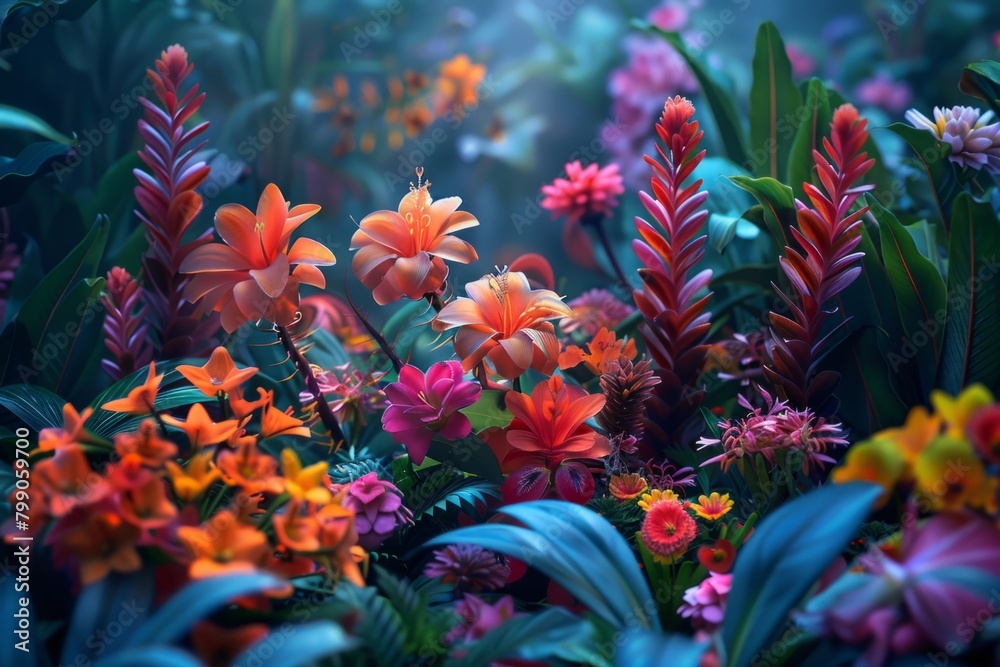 Capture macroscopic artistic representation of a vibrant garden scene , superrealistic
