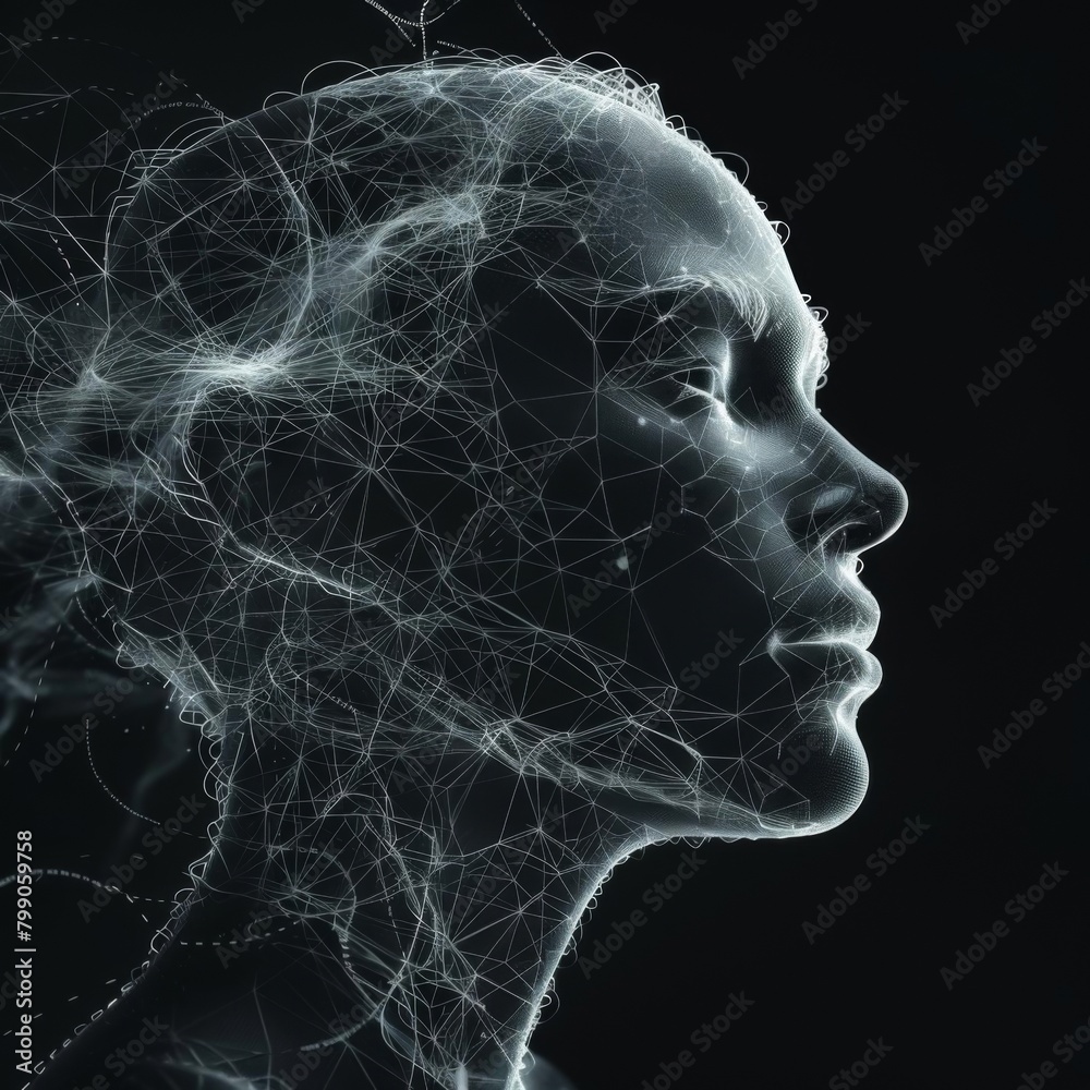 3D wireframe mesh of a human head profile, highlighting complex network lines against a dark background, symbolizing technology and identity 3D wireframe mesh of a human head profile, highlighting complex network lines against a dark background, symbolizing technology and identity